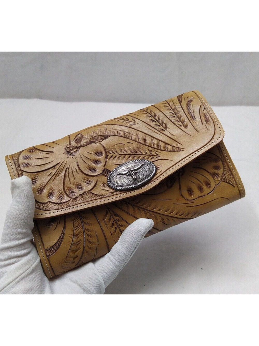 Sergios Collection Brown Leather Floral Buffalo Credit Card Trifold Wallet